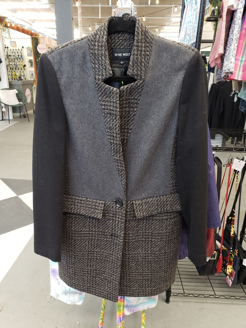 Modern Nine West Patchwork Color Block Tweed Blazer Wool Blend